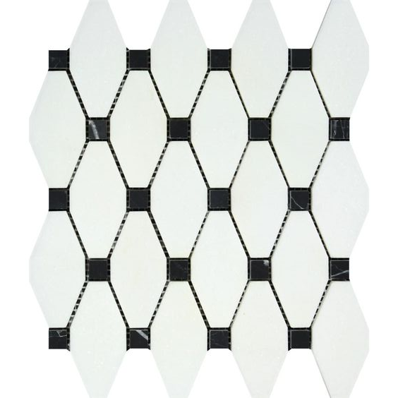 Thassos White Marble Honed Octave Pattern Mosaic Tile w/ Black Dots-Marble Mosaic-American Tile Depot