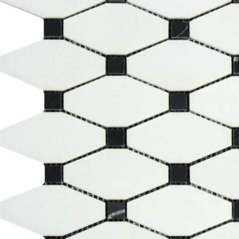 Thassos White Marble Honed Octave Pattern Mosaic Tile w/ Black Dots-Marble Mosaic-American Tile Depot