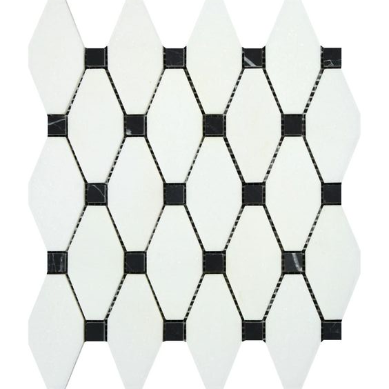 Thassos White Marble Honed Octave Pattern Mosaic Tile w/ Black Dots-Marble Mosaic-American Tile Depot