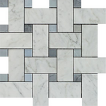 Carrara White Marble Polished Large Basketweave Mosaic Tile w/ Blue-Gray Dots-Marble Mosaic-American Tile Depot