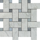 Carrara White Marble Polished Large Basketweave Mosaic Tile w/ Blue-Gray Dots