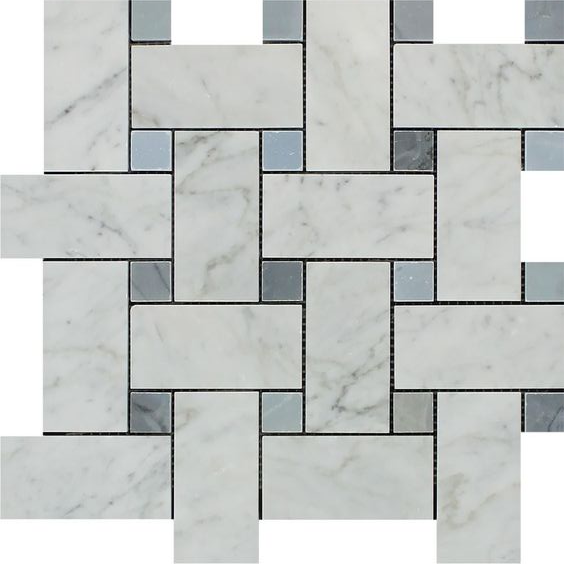 Carrara White Marble Polished Large Basketweave Mosaic Tile w/ Blue-Gray Dots-Marble Mosaic-American Tile Depot