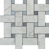 Carrara White Marble Polished Large Basketweave Mosaic Tile w/ Blue-Gray Dots