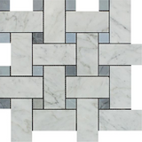 Carrara White Marble Polished Large Basketweave Mosaic Tile w/ Blue-Gray Dots