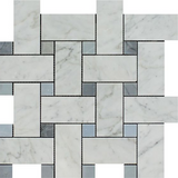 Carrara White Marble Honed Large Basketweave Mosaic Tile w/ Blue-Gray Dots