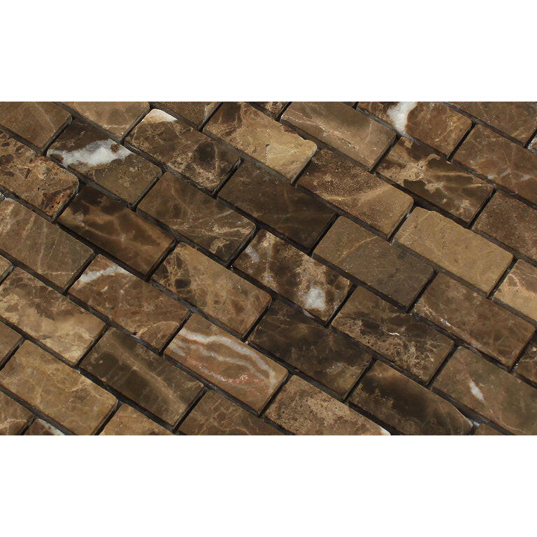 1 X 2 Emperador Dark Marble Tumbled Brick Mosaic Tile-Marble Mosaic-American Tile Depot