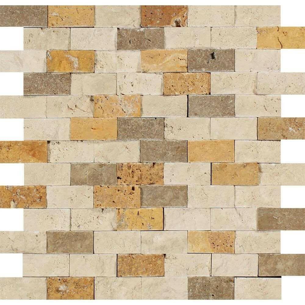 1 X 2 Mixed Travertine Split-Faced Brick Mosaic Tile-Travertine Mosaic-American Tile Depot