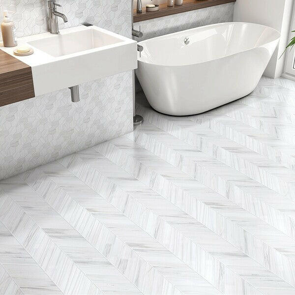 1 X 4 Bianco Dolomite Honed Herringbone Marble Mosaic Tile-Marble Mosaic-American Tile Depot