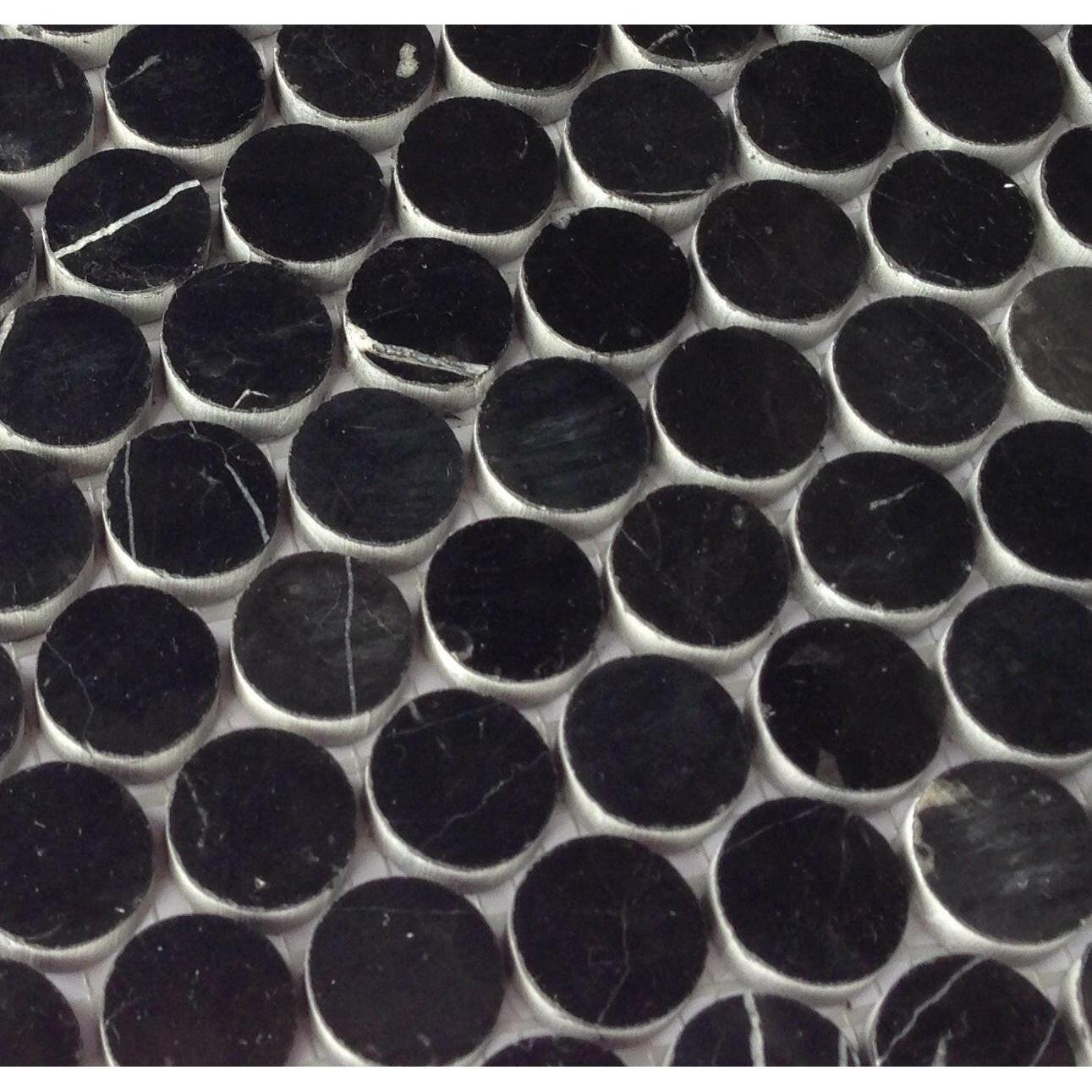 1" Black Marquina Marble Polished Penny Round Mosaic Tile-American Tile Depot