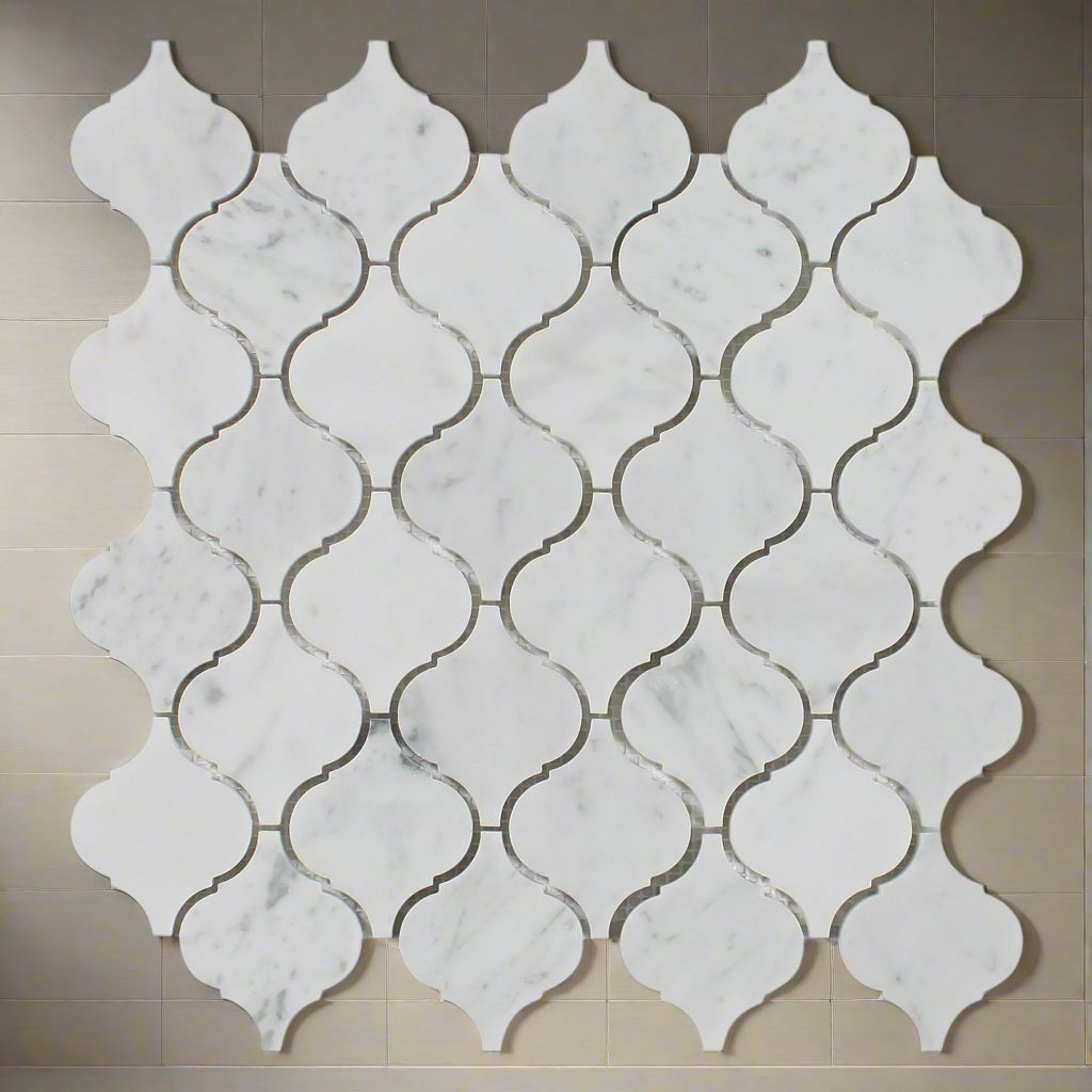 Carrara White Marble Polished Lantern Arabesque Mosaic Tile-Marble Mosaic-American Tile Depot