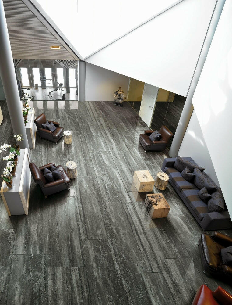 16 X 32 I-Travertini Black Glossy Travertine Look Porcelain Tile-PORCELAIN-Large Format-American Tile Depot