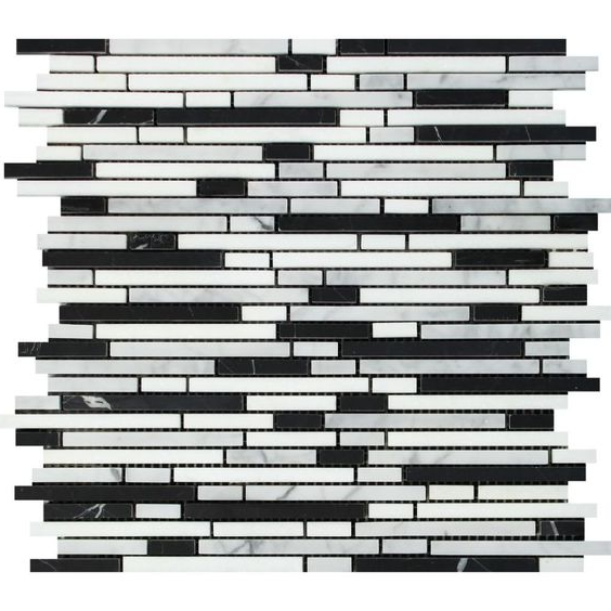 Carrara White Marble Polished Tricolor Bamboo Sticks Mosaic (Carrara + Thassos + Black )-Marble Mosaic-American Tile Depot