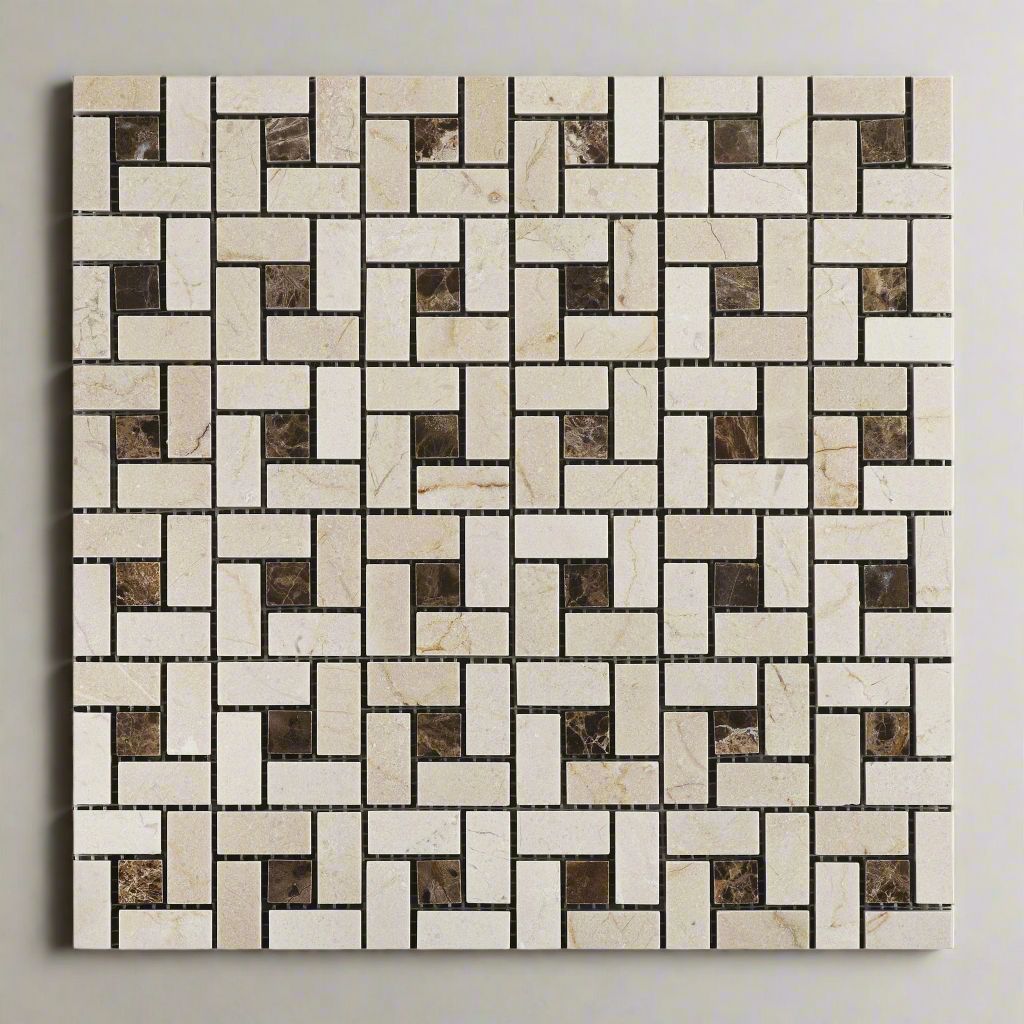 Crema Marfil Marble Honed Pinwheel Mosaic Tile w/ Emperador Dark Dots-Marble Mosaic-American Tile Depot