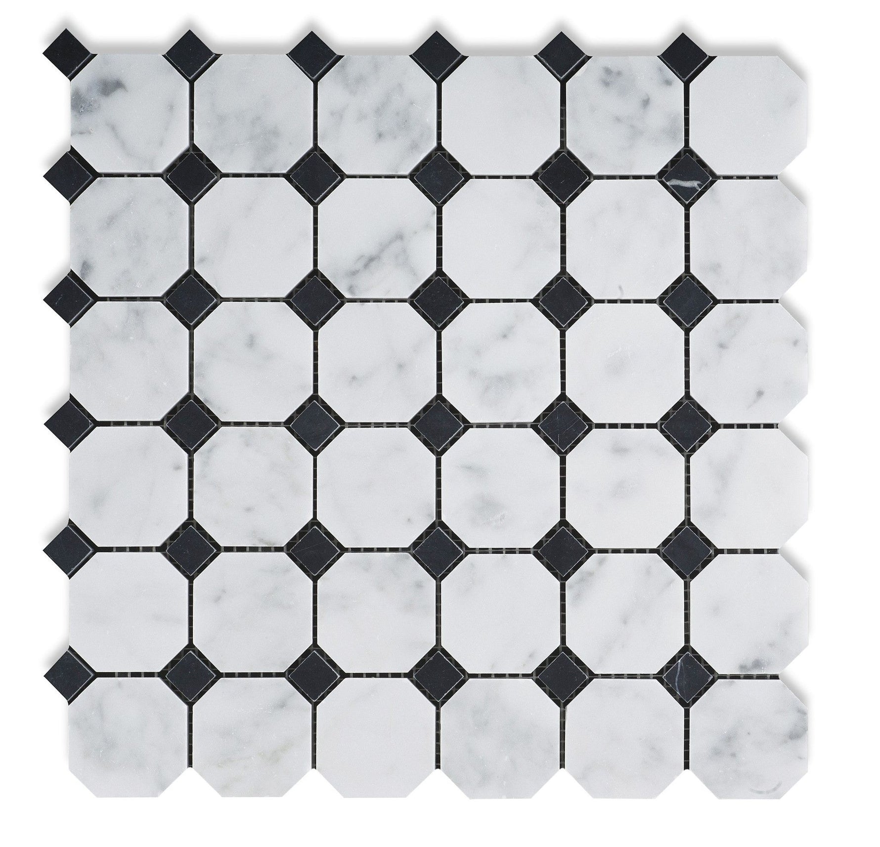 Carrara White Marble Polished Octagon Mosaic Tile w/ Black Dots-Marble Mosaic-American Tile Depot