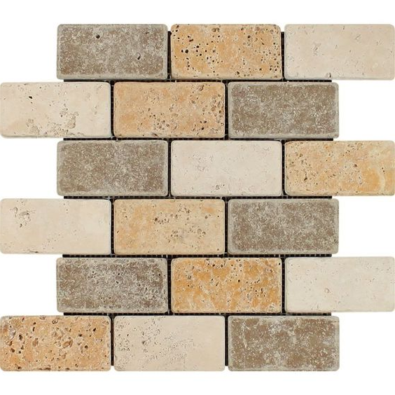 2 X 4 Mixed Travertine Tumbled Brick Mosaic Tile-Travertine Mosaic-American Tile Depot