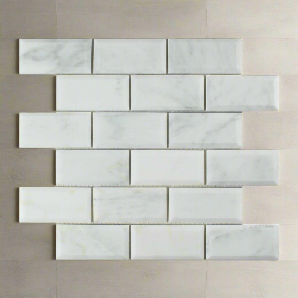 2 X 4 Oriental White / Asian Statuary Marble Polished & Beveled Brick Mosaic Tile-Marble Mosaic-American Tile Depot