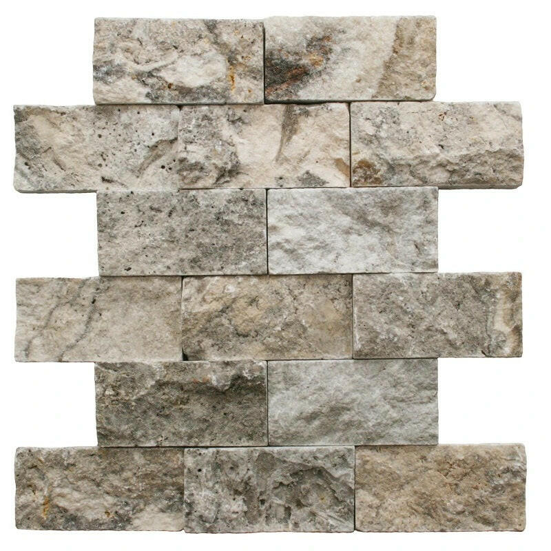 2 X 4 Silver Travertine Split-Faced Brick Mosaic Tile-Travertine Mosaic-American Tile Depot