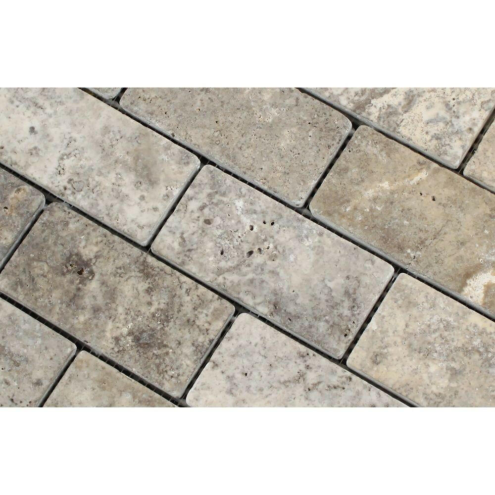 2 X 4 Silver Travertine Tumbled Mosaic Tile-Travertine Mosaic-American Tile Depot