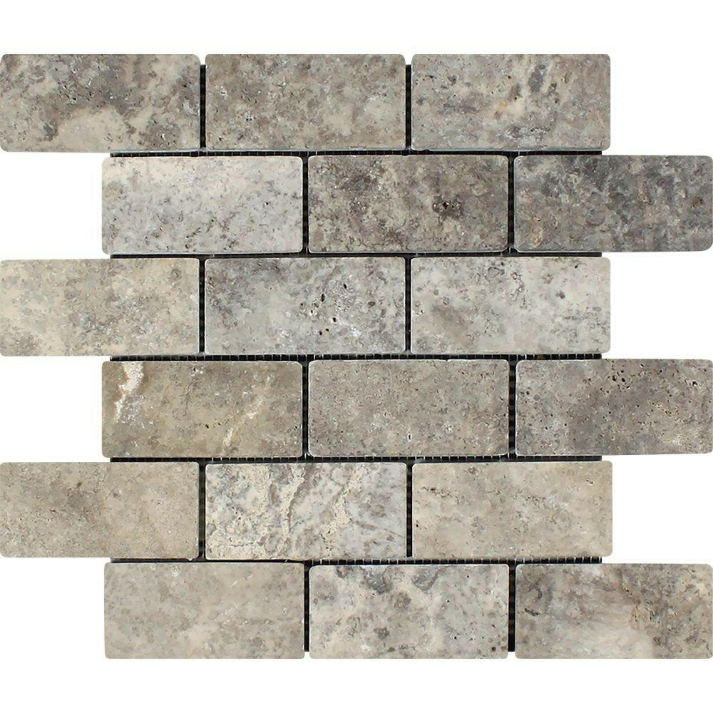 2 X 4 Silver Travertine Tumbled Mosaic Tile-Travertine Mosaic-American Tile Depot