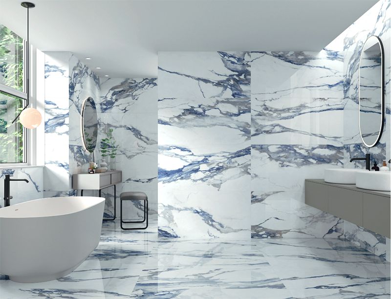 24 X 48 Patagonia Blue Satin Polished Marble Look Porcelain Tile-Porcelain Tile Large Formate-American Tile Depot