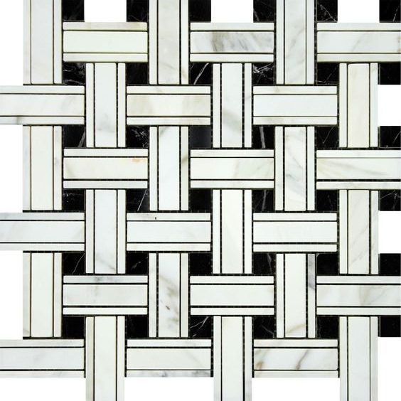 Calacatta Gold Marble Honed Triple Weave Mosaic Tile w / Black Dots-Marble Mosaic-American Tile Depot