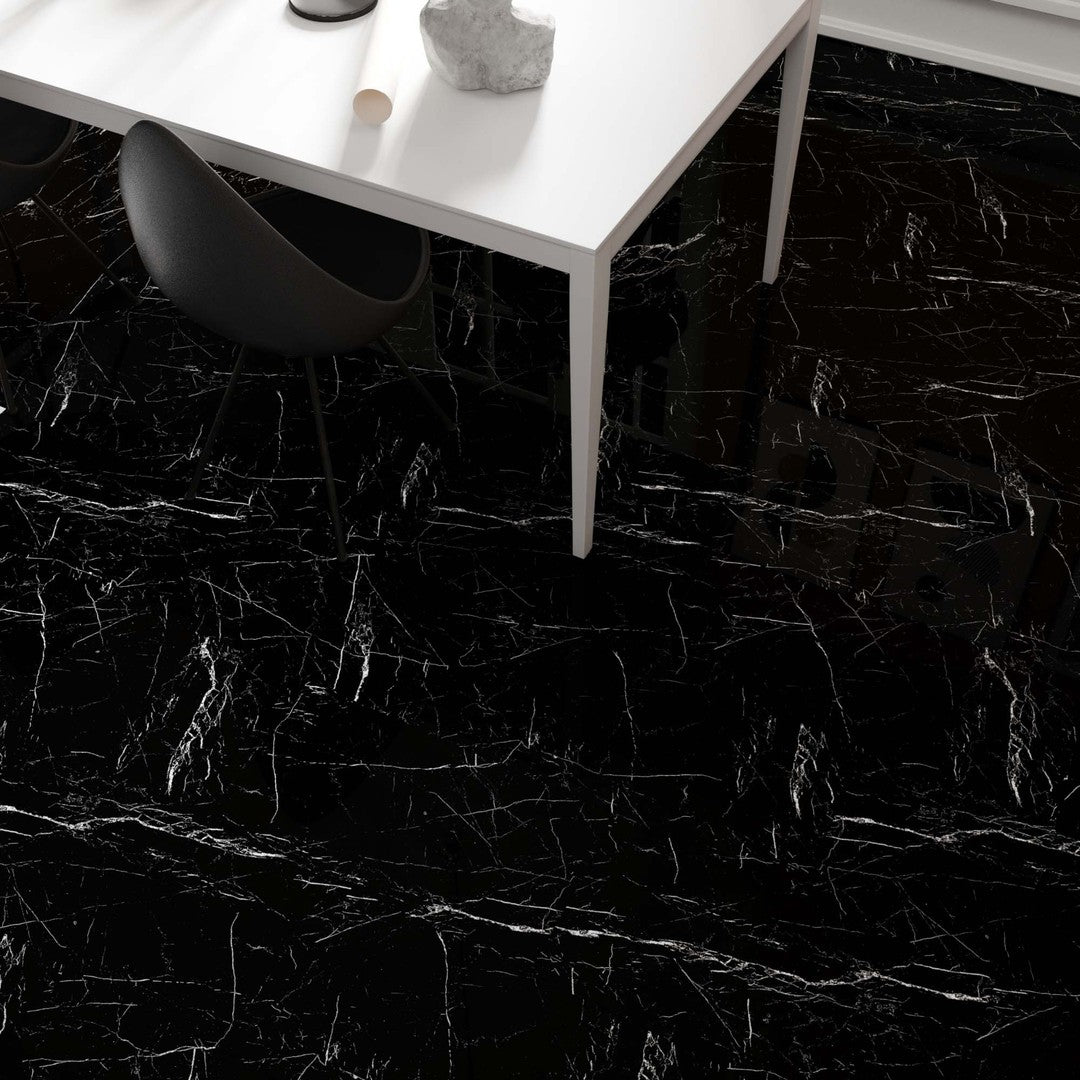 24 X 48 Pietra Black Polished Marble Look Porcelain Tile