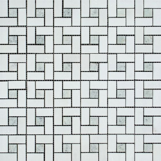 Thassos White Marble Honed Pinwheel Mosaic Tile w/ Ming-Green Dots-Marble Mosaic-American Tile Depot