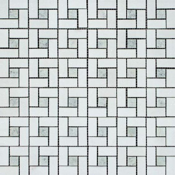 Thassos White Marble Honed Pinwheel Mosaic Tile w/ Ming-Green Dots-Marble Mosaic-American Tile Depot