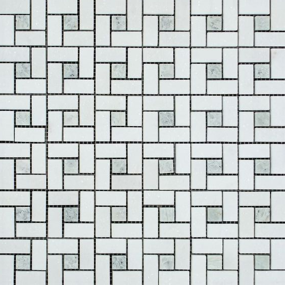 Thassos White Marble Polished Pinwheel Mosaic Tile w/ Ming-Green Dots-Marble Mosaic-American Tile Depot