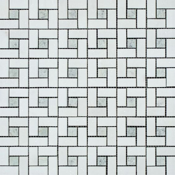 Thassos White Marble Honed Pinwheel Mosaic Tile w/ Ming-Green Dots-Marble Mosaic-American Tile Depot