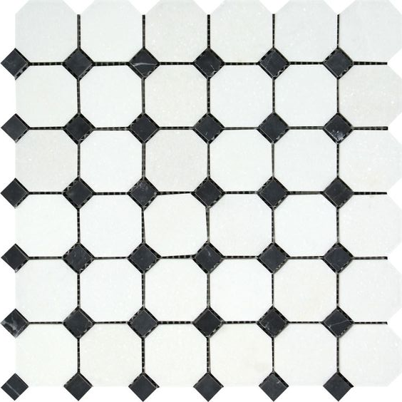 Thassos White Marble Honed Octagon Mosaic Tile w/ Black Dots-Marble Mosaic-American Tile Depot