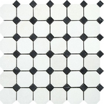 Thassos White Marble Polished Octagon Mosaic Tile w/ Black Dots-Marble Mosaic-American Tile Depot