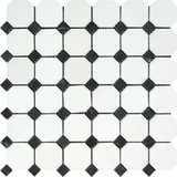 Thassos White Marble Polished Octagon Mosaic Tile w/ Black Dots