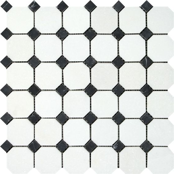 Thassos White Marble Polished Octagon Mosaic Tile w/ Black Dots-Marble Mosaic-American Tile Depot