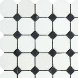 Thassos White Marble Polished Octagon Mosaic Tile w/ Black Dots