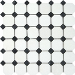 Thassos White Marble Honed Octagon Mosaic Tile w/ Black Dots-Marble Mosaic-American Tile Depot