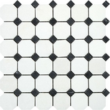 Thassos White Marble Honed Octagon Mosaic Tile w/ Black Dots