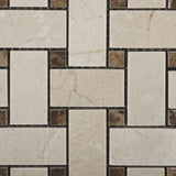 Crema Marfil Marble Polished Basketweave Mosaic Tile w/ Emperador Dark Dots