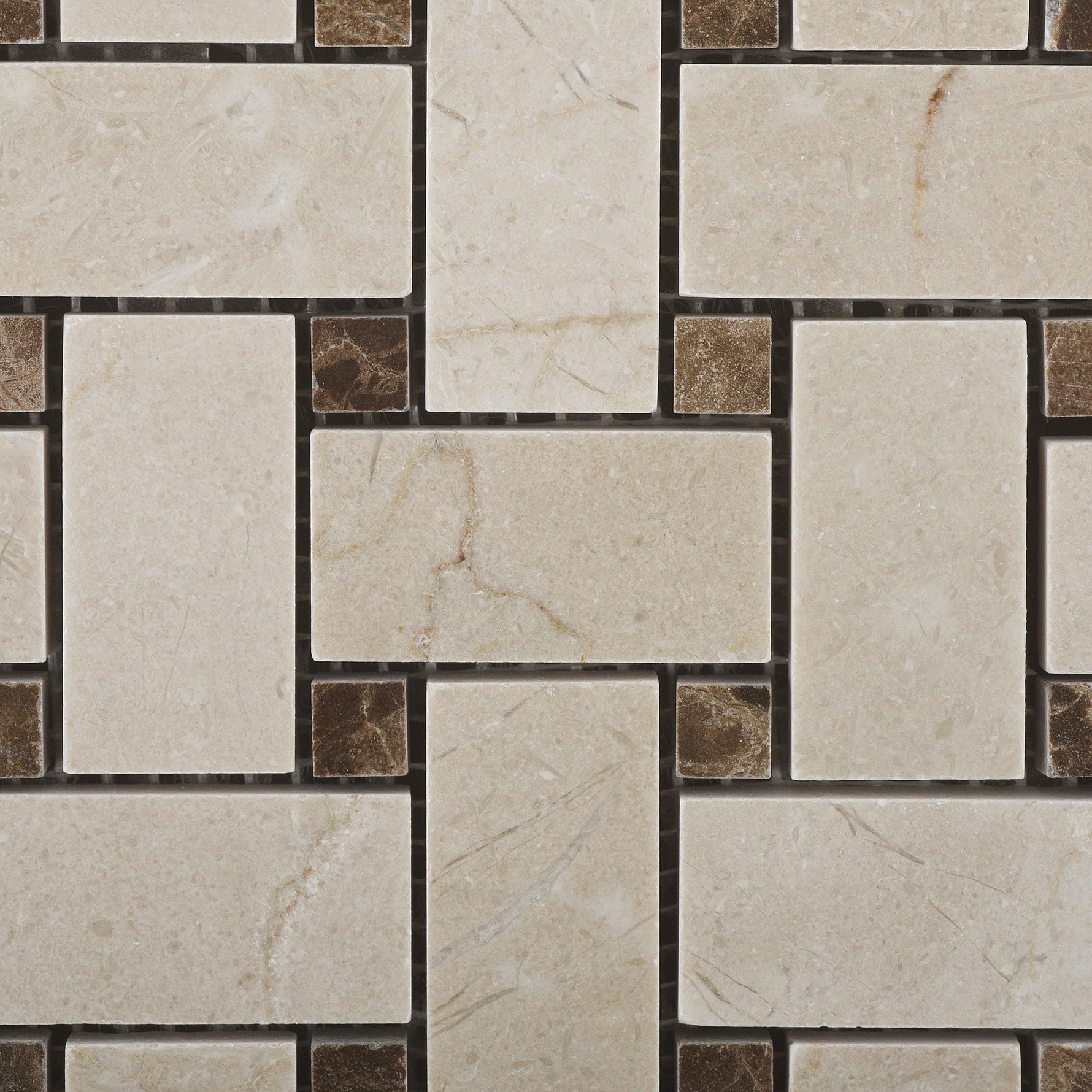 Crema Marfil Marble Honed Basketweave Mosaic Tile w/ Emperador Dark Dots