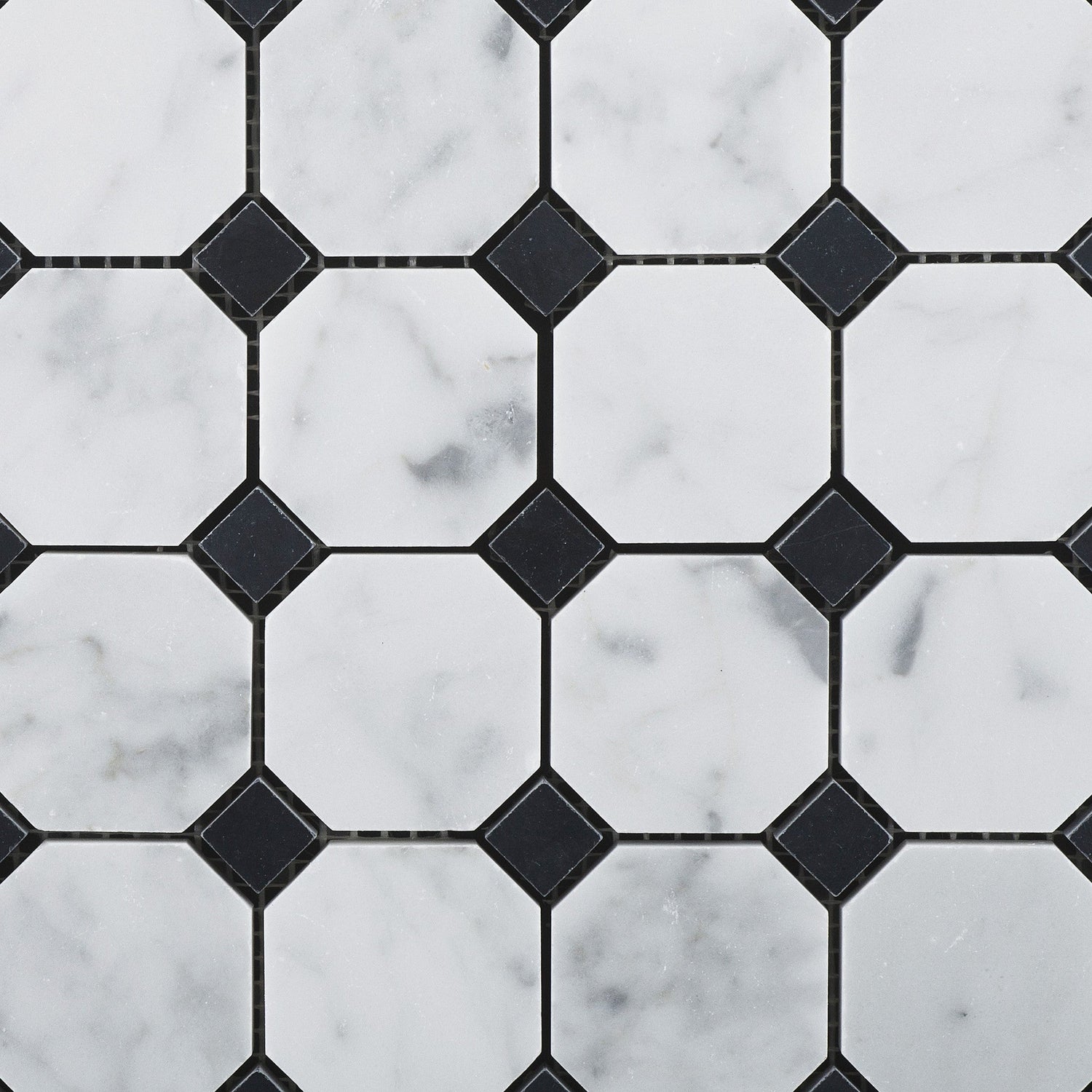 Carrara White Marble Honed Octagon Mosaic Tile w/ Black Dots