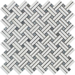 Thassos White Marble Honed Stanza Basketweave Mosaic Tile w/ Blue-gray Dots-Marble Mosaic-American Tile Depot