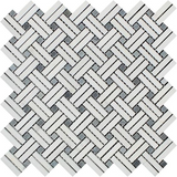 Thassos White Marble Polished Stanza Basketweave Mosaic Tile w/ Blue-gray Dots