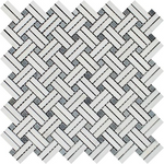 Thassos White Marble Polished Stanza Basketweave Mosaic Tile w/ Blue-gray Dots-Marble Mosaic-American Tile Depot