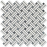 Thassos White Marble Polished Stanza Basketweave Mosaic Tile w/ Blue-gray Dots