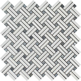 Thassos White Marble Polished Stanza Basketweave Mosaic Tile w/ Blue-gray Dots