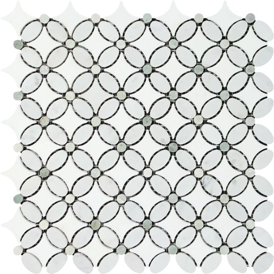 Thassos White Marble Polished Florida Flower Mosaic Tile w/ Ming Green Dots-Marble Mosaic-American Tile Depot