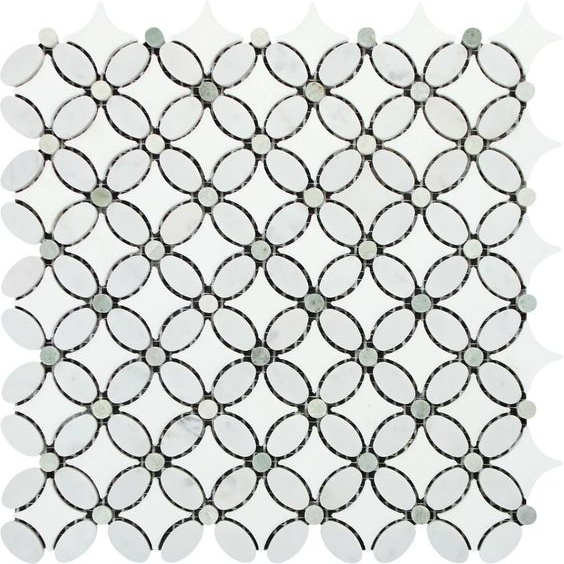 Thassos White Marble Honed Florida Flower Mosaic Tile w/ Ming Green Dots-Marble Mosaic-American Tile Depot