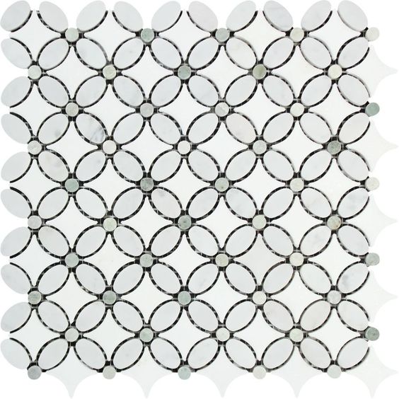 Thassos White Marble Polished Florida Flower Mosaic Tile w/ Ming Green Dots