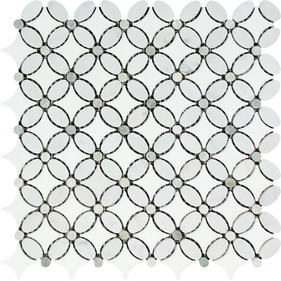 Thassos White Marble Polished Florida Flower Mosaic Tile w/ Ming Green Dots-Marble Mosaic-American Tile Depot