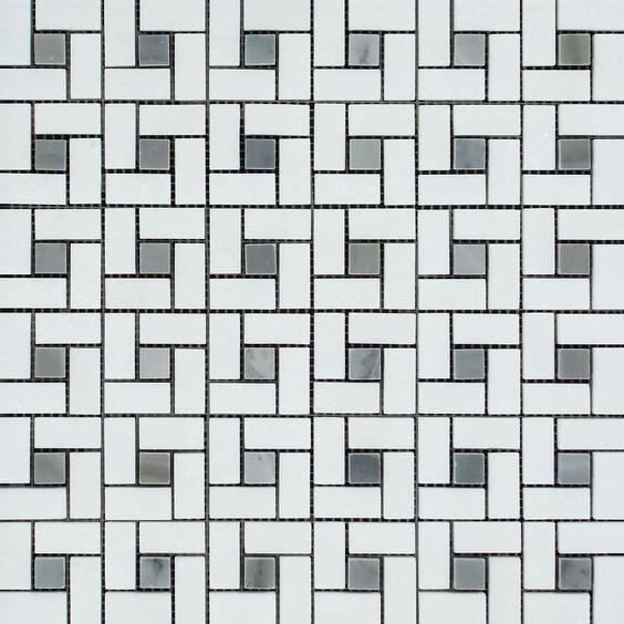 Thassos White Marble Honed Pinwheel Mosaic Tile w/ Blue-Gray Dots-Marble Mosaic-American Tile Depot